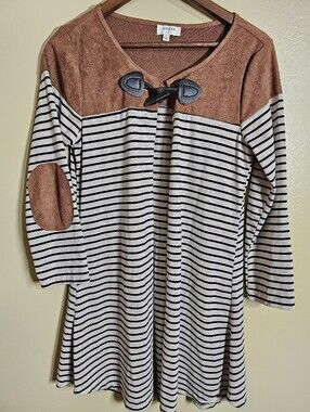 Umgee USA Toggle Cardigan Tunic Small Striped Elbow Patch Boho Boutique
